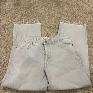 Zara Light Blue Straight Jeans with Frayed Hem